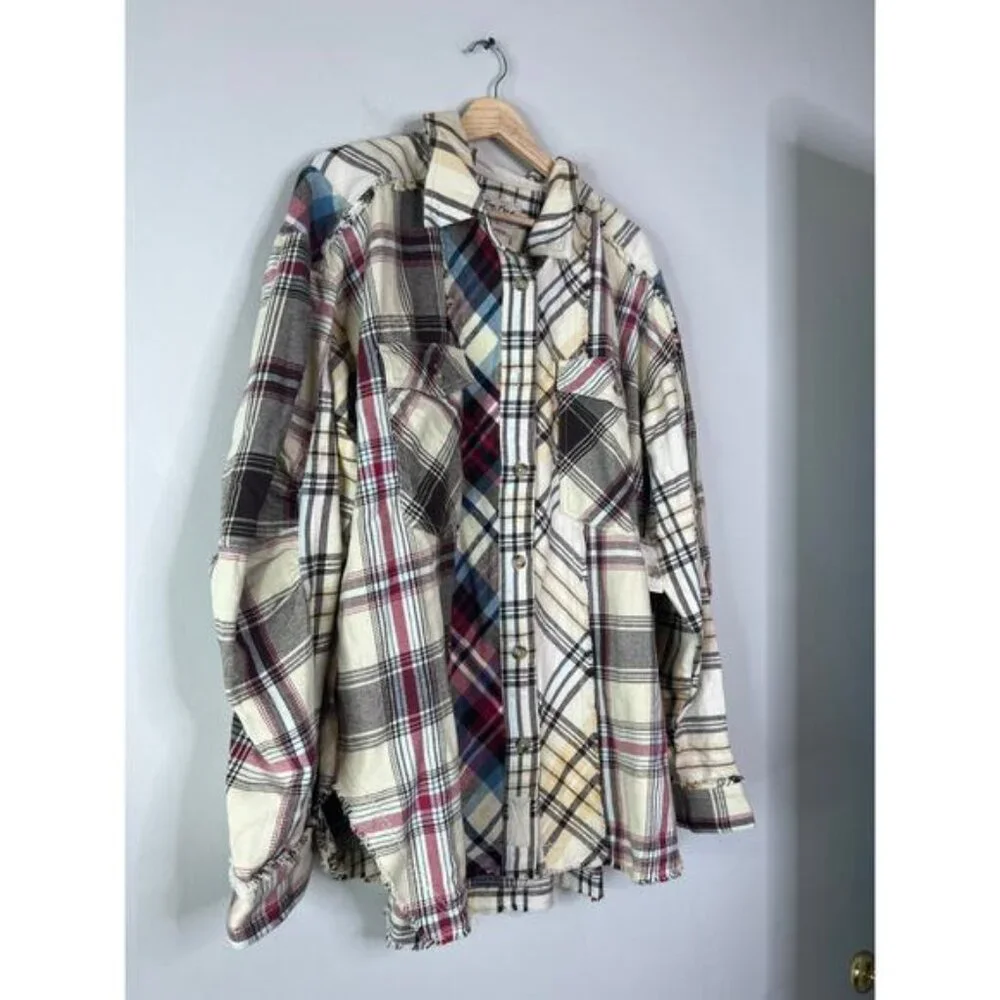 NWT Free People Patched Up Plaid Shirt at Free People Oatmeal Size: Large